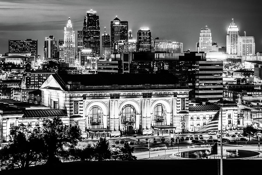 Downtown Kansas City Skyline And Union Station In Black And White Photograph