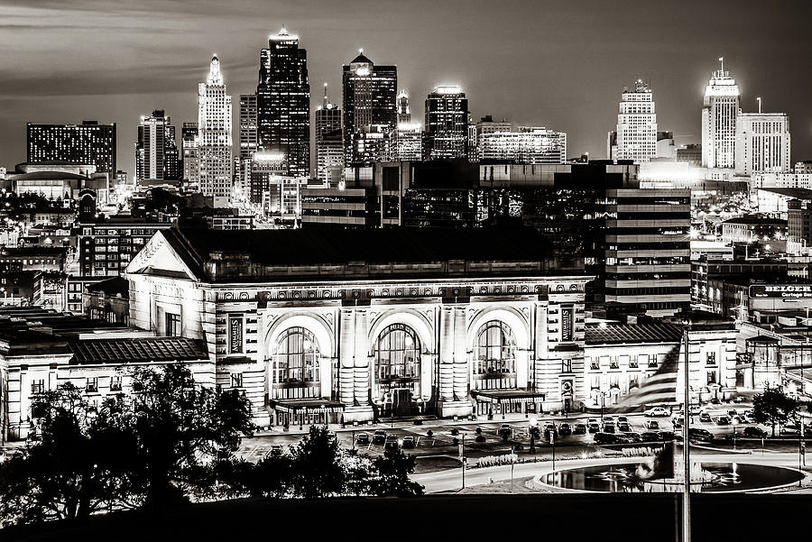 Downtown Kansas City Skyline And Union Station In Sepia Photograph