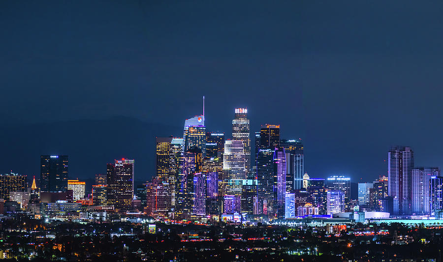 Downtown LA Los Angeles at night with Skyline city lights Panorama ...