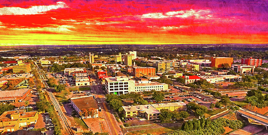 Downtown Lakeland, Florida, at sunset - digital painting Digital Art by Nicko Prints