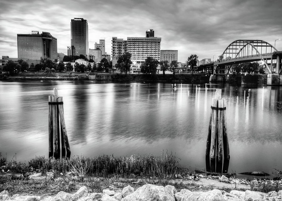 Downtown Little Rock City Skyline Over The Arkansas River - Black and White Photograph by Gregory Ballos
