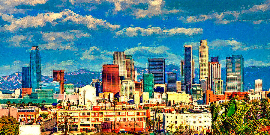 Downtown Los Angeles cityscape with its skyscrapers - digital painting effect Digital Art by Nicko Prints
