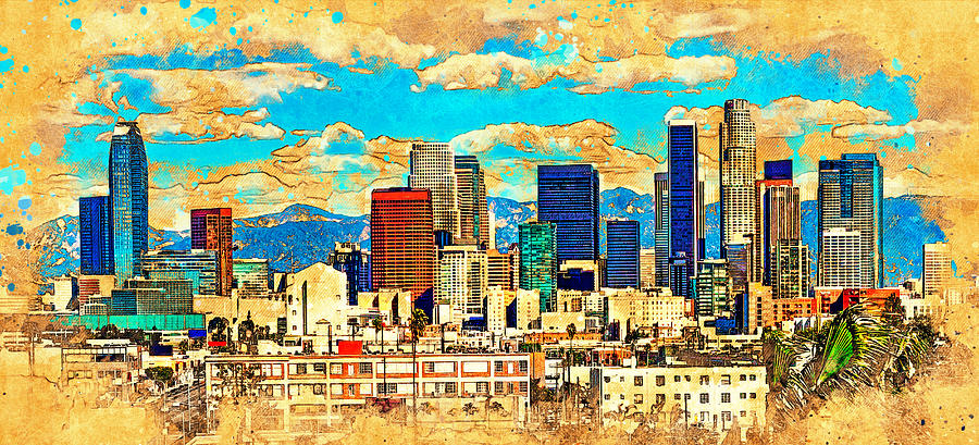 Downtown Los Angeles cityscape with its skyscrapers - digital painting with vintage look Digital Art by Nicko Prints