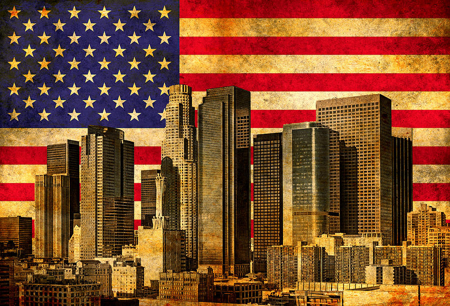 Downtown Los Angeles skyline blended with the American flag and printed on old paper texture Digital Art by Nicko Prints