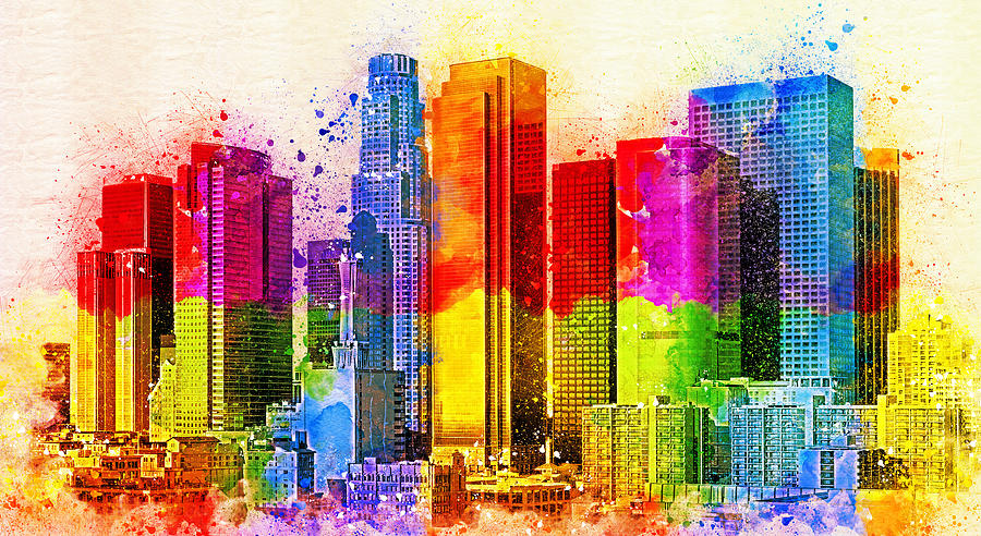 Downtown Los Angeles skyline - colorful painting Digital Art by Nicko Prints
