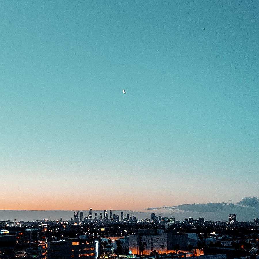 Sunset Photograph - Downtown Los Angeles Skyline Crescent Moon by Jera Sky
