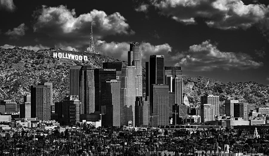 Downtown Los Angeles skyline with the Hollywood sign in the background - black and white Digital Art by Nicko Prints