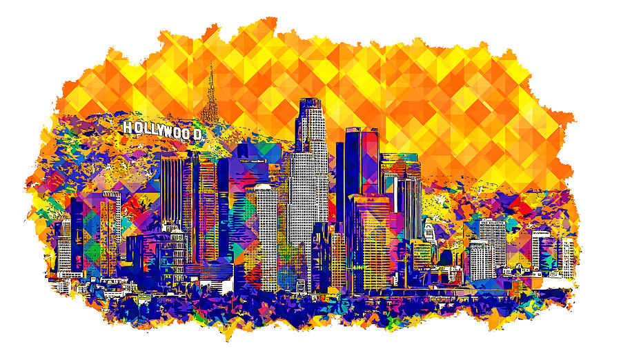 Downtown Los Angeles skyline with the Hollywood sign in the background - colorful digital painting Digital Art by Nicko Prints
