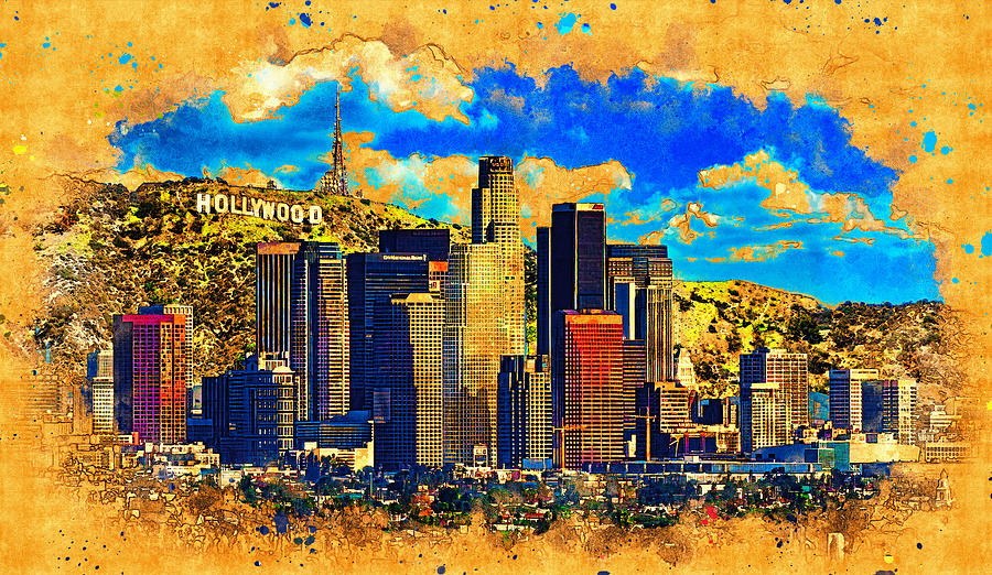 Downtown Los Angeles skyline with the Hollywood sign in the background - digital painting Digital Art by Nicko Prints