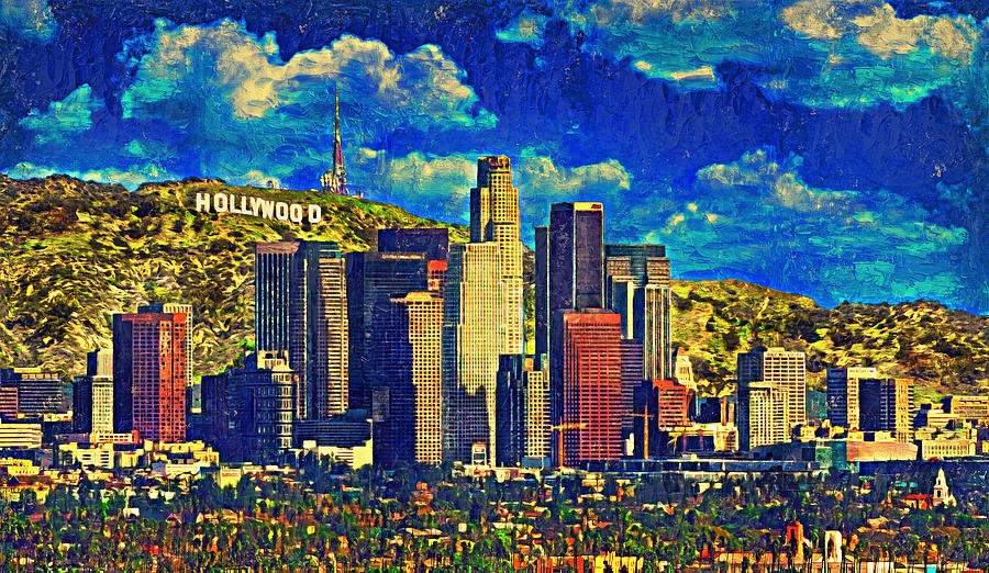 Downtown Los Angeles skyline with the Hollywood sign in the background - impasto oil painting Digital Art by Nicko Prints