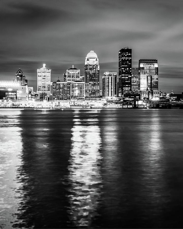 Downtown Louisville City Skyline Along The Riverfront - Black and White Photograph by Gregory Ballos
