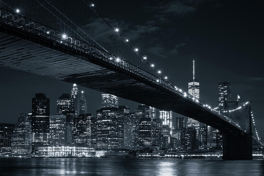 Downtown Manhattan and the Brooklyn Bridge at night Photograph by Karel Miragaya