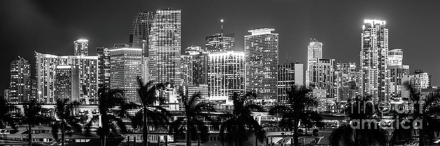 Downtown Miami Cityscape at Night Black and White Panorama Photo Photograph by Paul Velgos