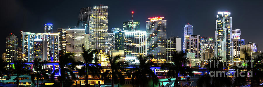 Downtown Miami Cityscape at Night Panorama Photo Photograph by Paul Velgos
