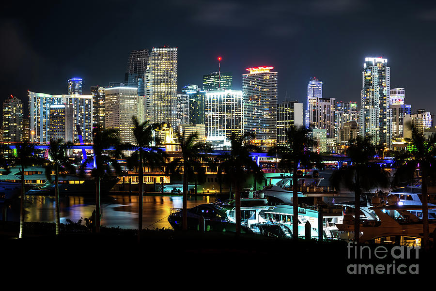 Downtown Miami Cityscape at Night Photo Photograph by Paul Velgos