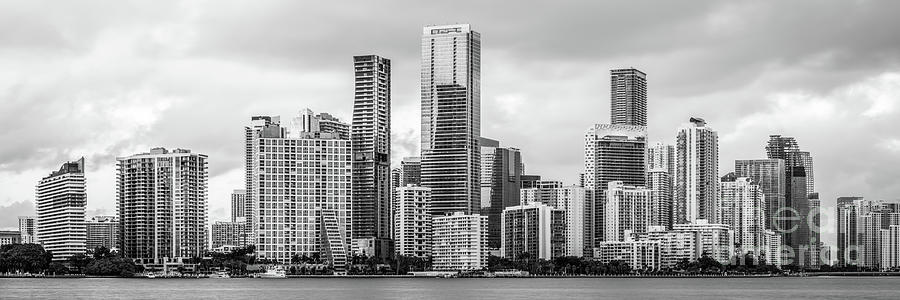 Downtown Miami Florida Skyline Black and White Panoramic Picture Photograph by Paul Velgos