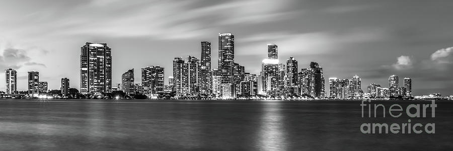 Downtown Miami Skyline at Night in Black and White Panorama Phot Photograph by Paul Velgos