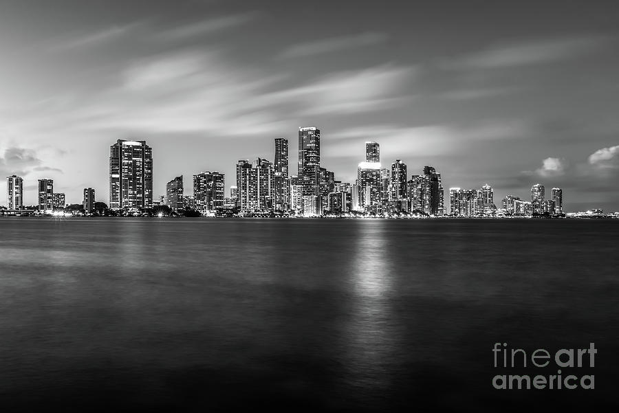 Downtown Miami Skyline at Night in Black and White Photo Photograph by Paul Velgos