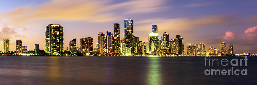 Downtown Miami Skyline at Night Panorama Photo Photograph by Paul Velgos