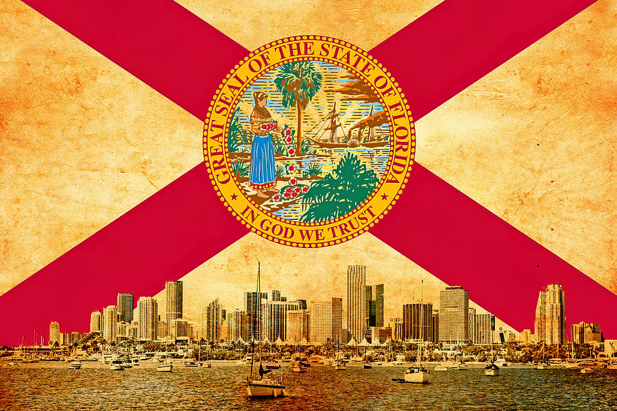 Downtown Miami skyline blended with the Florida flag and printed on old paper texture Digital Art by Nicko Prints