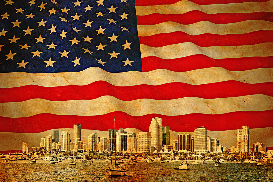 Downtown Miami skyline blended with the US flag waving on old paper texture Digital Art by Nicko Prints
