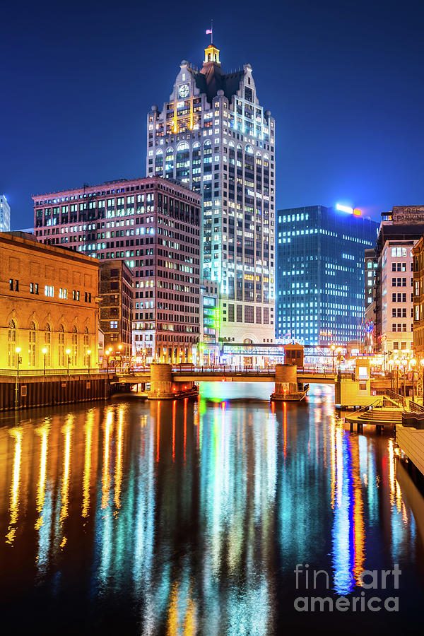 Downtown Milwaukee River Cityscape at Night Photo Photograph by Paul Velgos