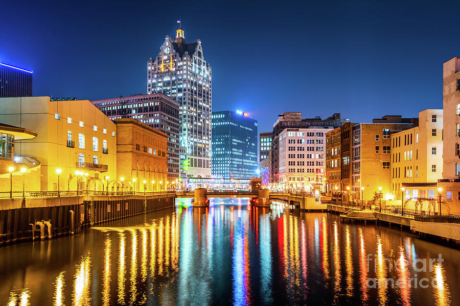 Downtown Milwaukee River Skyline at Night Photo Photograph by Paul Velgos