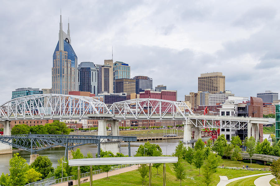 Downtown Nashville and the John Seigenthaler Pedestrian Bridge Photograph by Photo by Mike Kline (notkalvin)