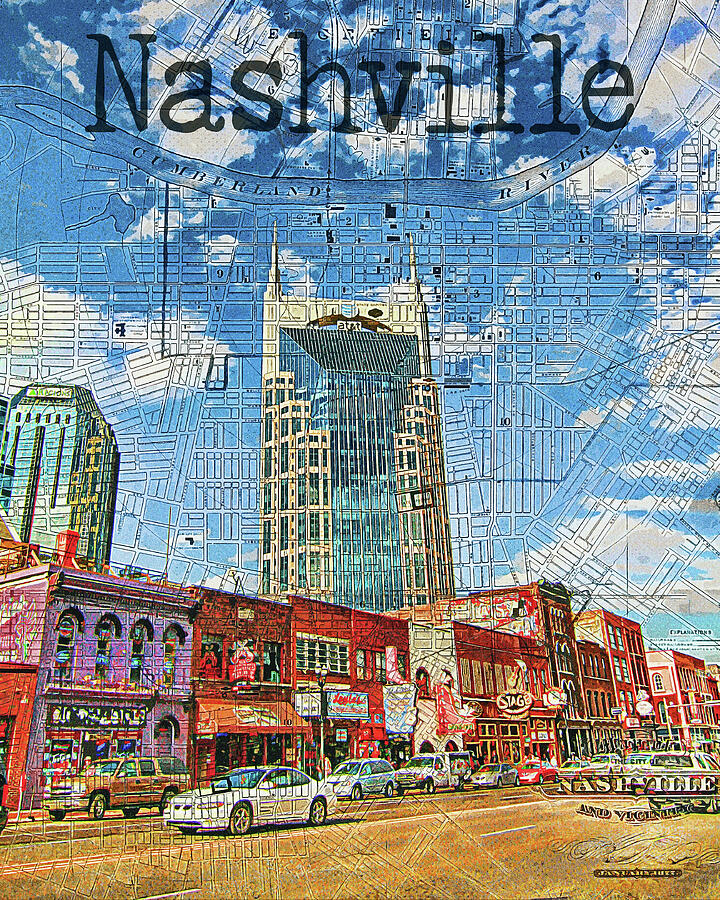 Downtown Nashville Scene And Map Mixed Media by Dan Sproul Downtown Nashville Scene And Map Mixed Media by Dan Sproul