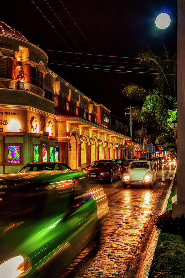 Downtown night traffic, Cozumel, Mexico Photograph by Tatiana Travelways