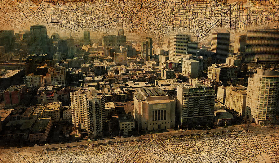 Downtown Oakland skyline blended with an 1938 map of the city, and printed on old paper texture Digital Art by Nicko Prints