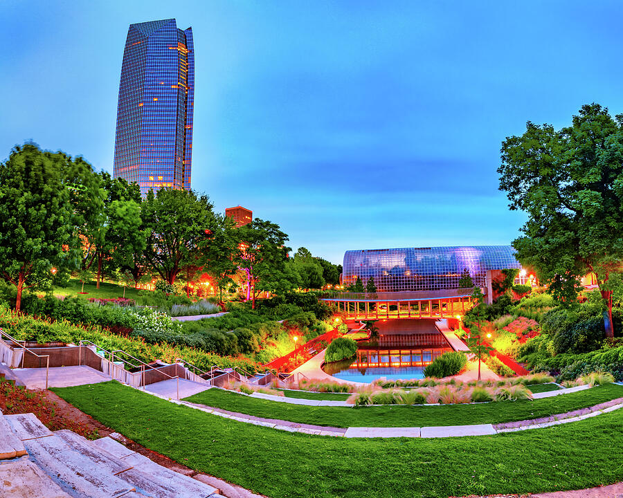 Downtown Oklahoma City and Myriad Botanical Gardens at Dawn Photograph by Gregory Ballos