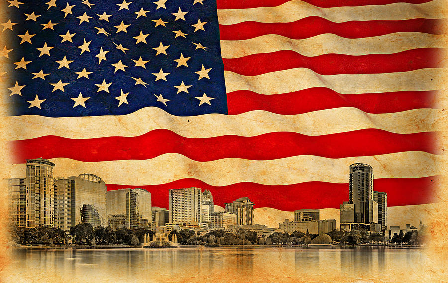 Downtown Orlando skyline blended with the US flag waving on old paper texture Digital Art by Nicko Prints