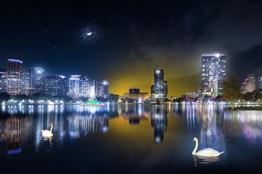 Downtown Orlando Sunset and Crescent Moon Photograph by Mark Andrew Thomas