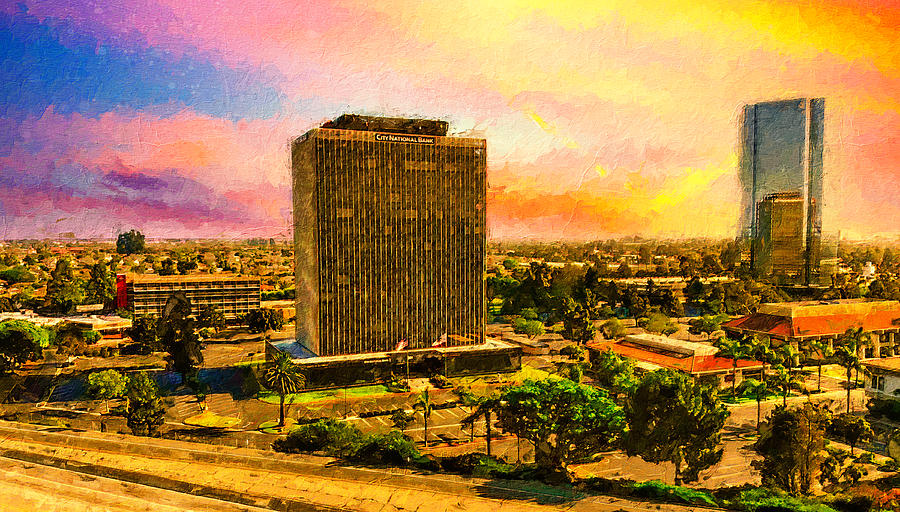 Downtown Oxnard, California, at sunset - digital painting Digital Art by Nicko Prints