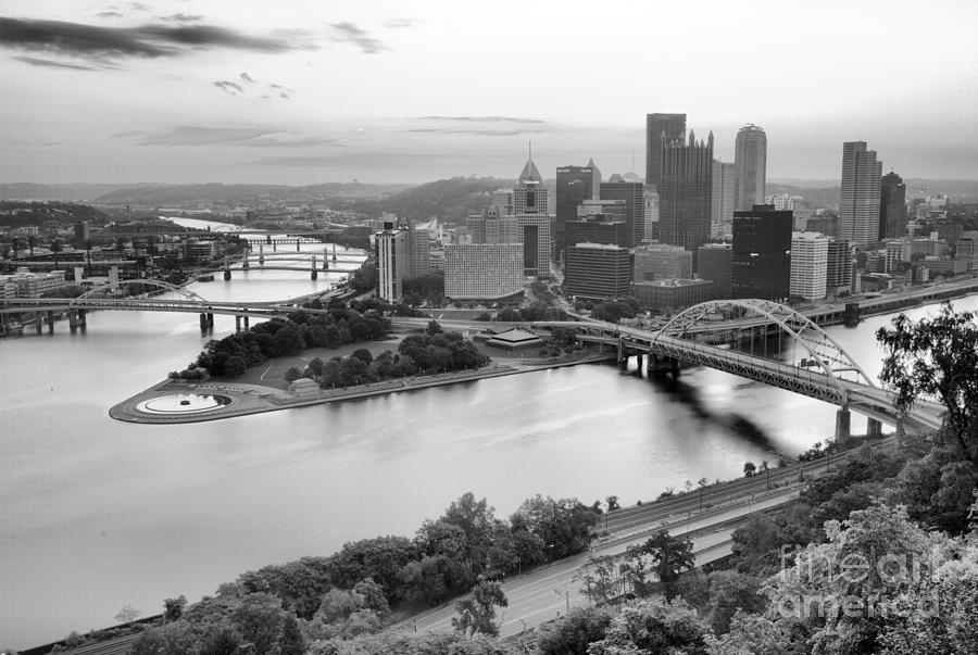 Downtown Pittsburgh Pre-Sunrise August 2022 Black And White Photograph by Adam Jewell