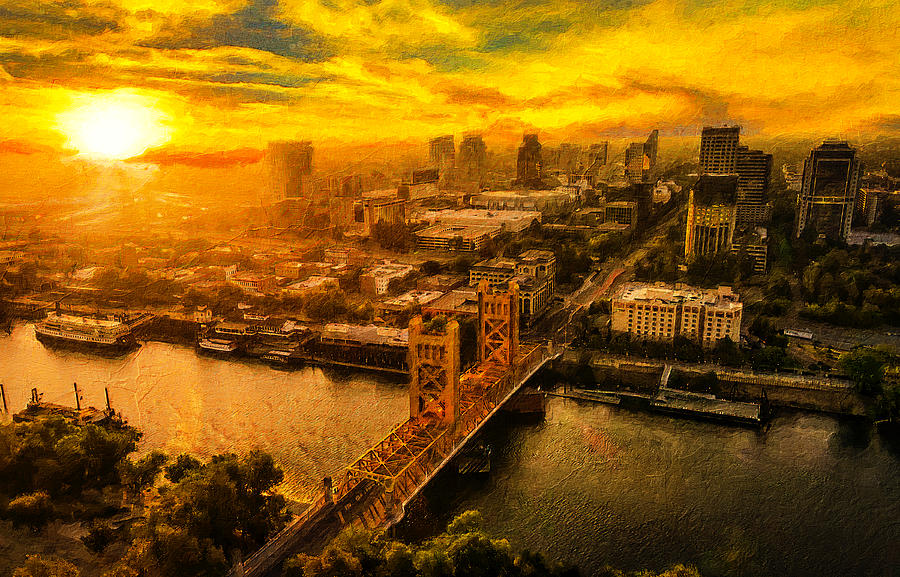 Downtown Sacramento and Tower Bridge at sunset - digital painting Digital Art by Nicko Prints