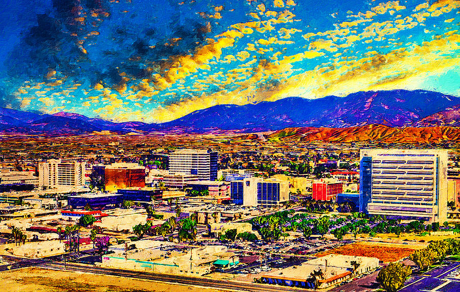 Downtown San Bernardino, California, at sunset - digital painting Digital Art by Nicko Prints
