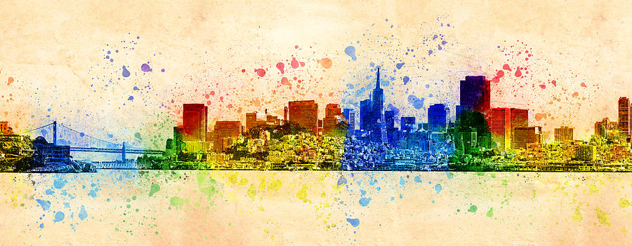 Downtown San Francisco skyline and the Golden Gate bridge - colorful painting Digital Art by Nicko Prints