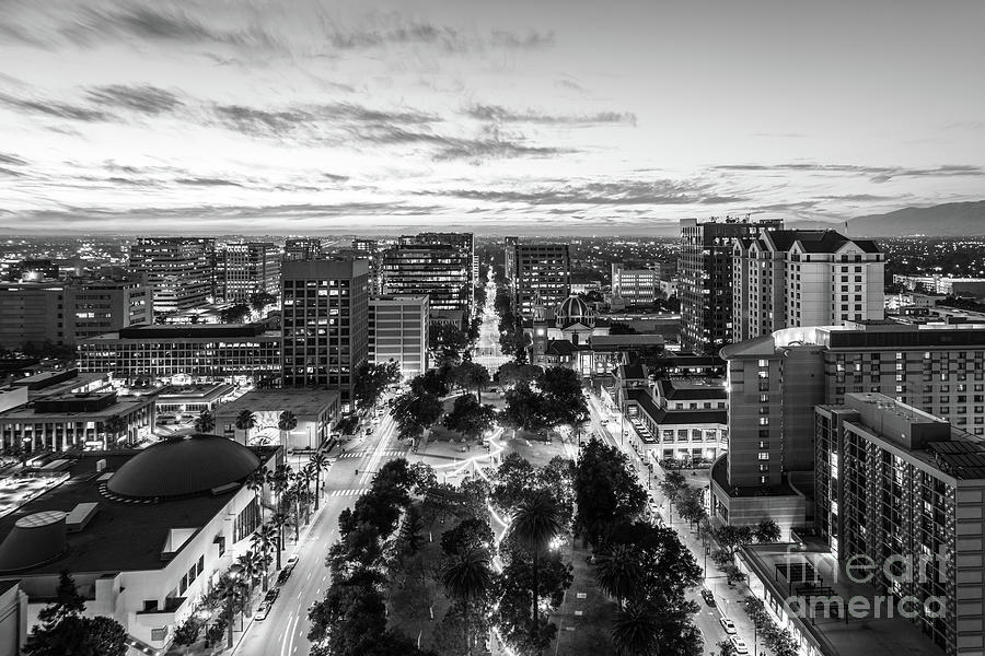 Downtown San Jose Skyline Black and White Photo Photograph by Paul Velgos