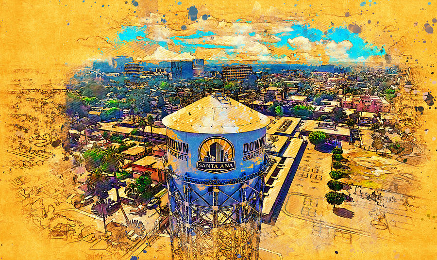 Downtown Santa Ana aerial and the historic water tower Digital Art by