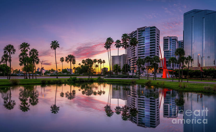 Architecture Photograph - Downtown Sarasota, Florida Sunset Panorama by Liesl Walsh