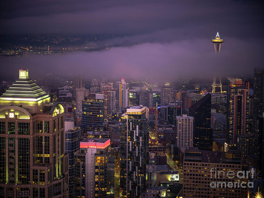 Downtown Seattle and the Space Needle in the Fog Photograph by Mike Reid