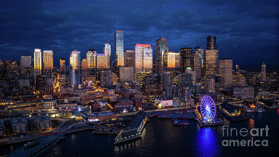 Downtown Seattle and Waterfront at Blue Hour Photograph by Mike Reid