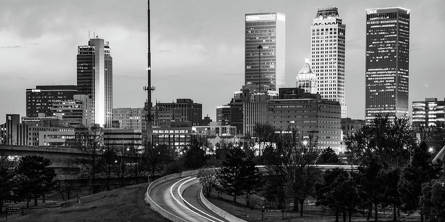 Downtown Tulsa Oklahoma City Skyline Panorama - Black and White Photograph by Gregory Ballos