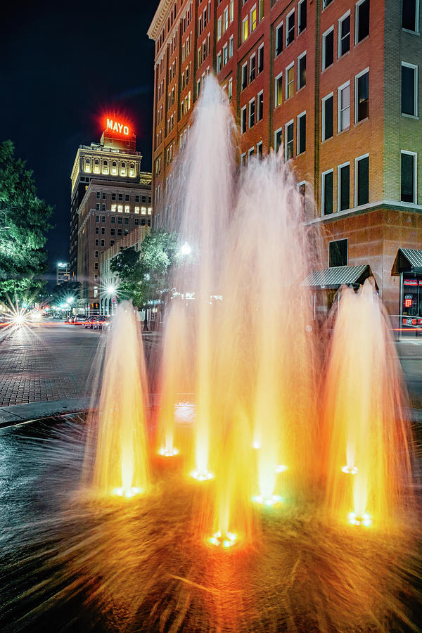Downtown Tulsa Oklahoma Fountain And Mayo Hotel Neon Photograph by Gregory Ballos