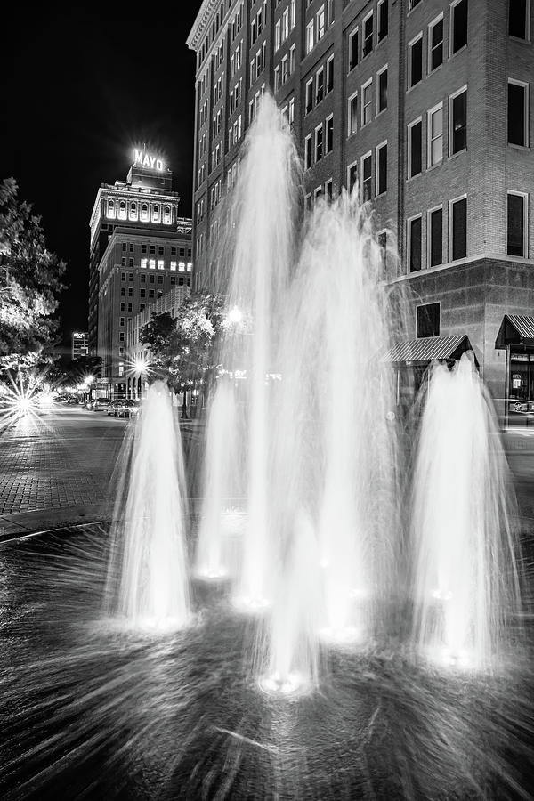 Downtown Tulsa Oklahoma Fountain And Mayo Hotel Neon In Black And White Photograph by Gregory Ballos