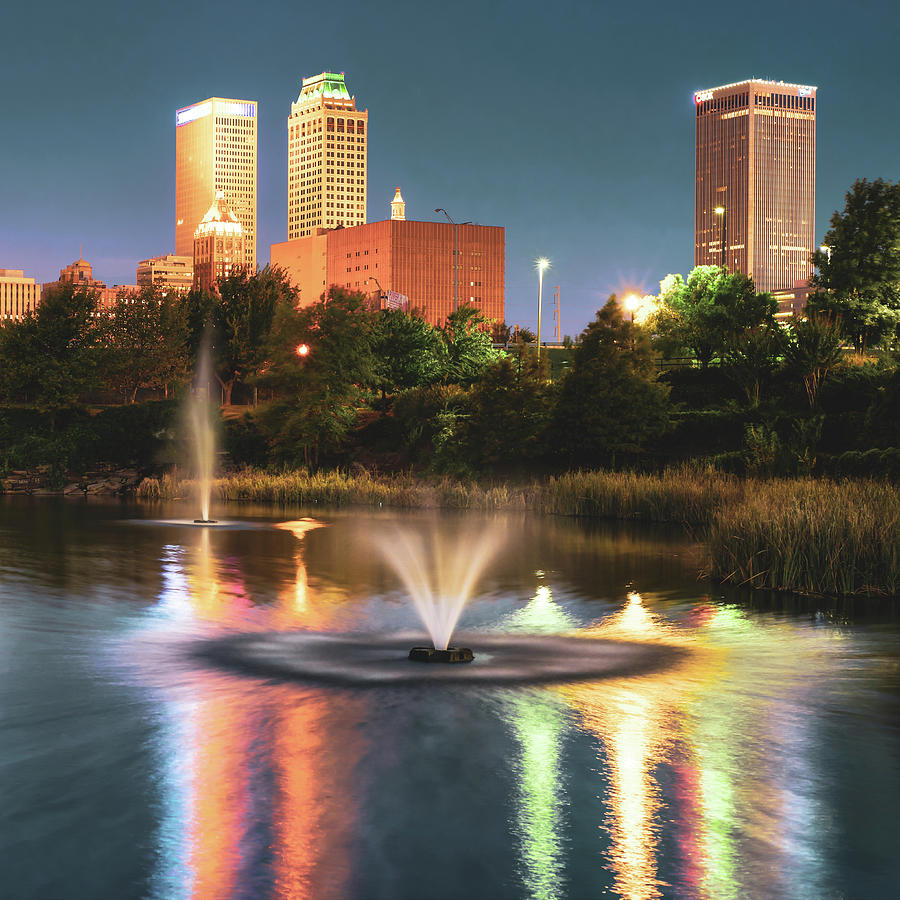 Downtown Tulsa Oklahoma Skyline Over Centennial Park Lake 1x1 ...