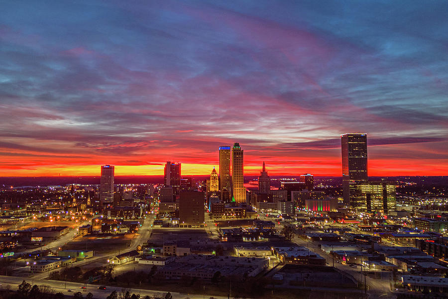Downtown Tulsa skyline at sunset