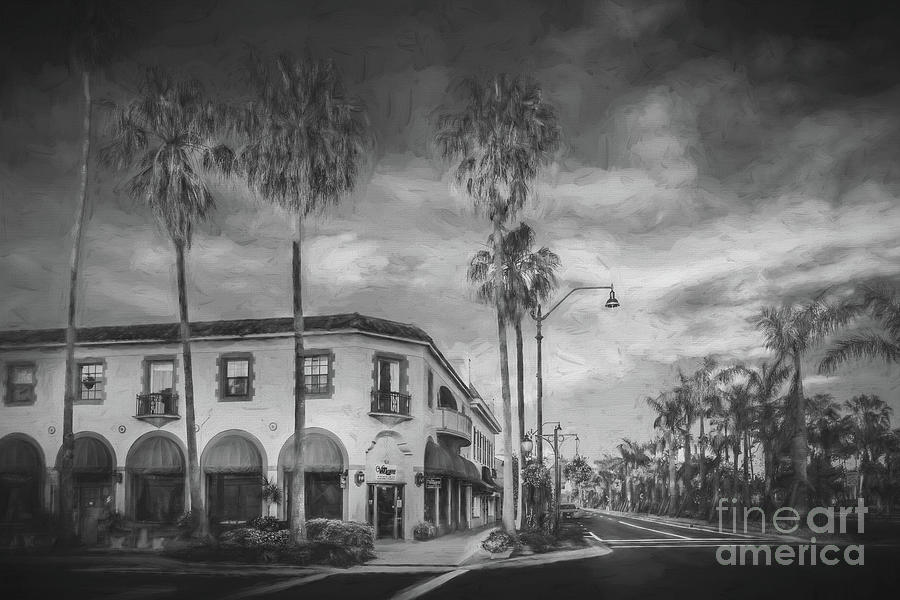 Downtown Venice Florida at Golden Hour, Painterly BW Photograph by Liesl Walsh